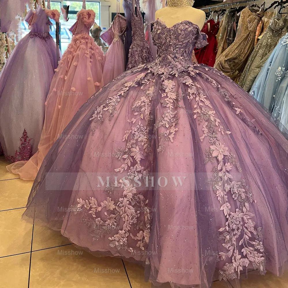 Misshow Off-Shoulder Ball Gown with 3D Floral Lace Appliques Glitter & Luxury Quinceanera Dress for Sweet 16 & Birthday Parties