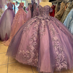 Misshow Off-Shoulder Ball Gown with 3D Floral Lace Appliques Glitter & Luxury Quinceanera Dress for Sweet 16 & Birthday Parties