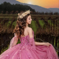 Misshow Off-Shoulder Ball Gown with 3D Floral Lace Appliques Perfect for Quinceanera & Sweet 16 Celebrations