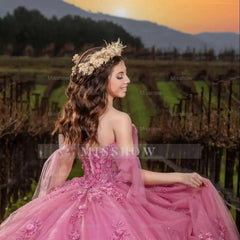 Misshow Off-Shoulder Ball Gown with 3D Floral Lace Appliques Perfect for Quinceanera & Sweet 16 Celebrations