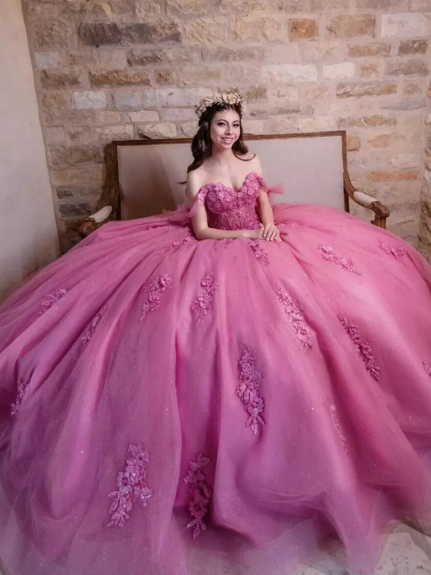 Misshow Off-Shoulder Ball Gown with 3D Floral Lace Appliques Perfect for Quinceanera & Sweet 16 Celebrations