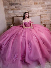 Misshow Off-Shoulder Ball Gown with 3D Floral Lace Appliques Perfect for Quinceanera & Sweet 16 Celebrations
