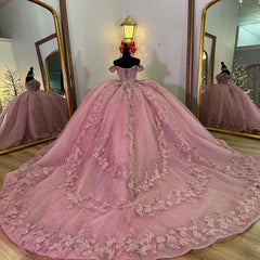 Misshow Off-Shoulder Ball Gown with 3D Floral Lace Appliques Pink Tulle Quinceanera Dress for Sweet 16 & Princess Evening Parties