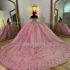 Misshow Off-Shoulder Ball Gown with 3D Floral Lace Appliques Pink Tulle Quinceanera Dress for Sweet 16 & Princess Evening Parties