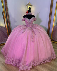 Misshow Off-Shoulder Ball Gown with 3D Floral Lace Appliques Pink Tulle Quinceanera Dress for Sweet 16 & Princess Evening Parties