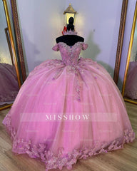 Misshow Off-Shoulder Ball Gown with 3D Floral Lace Appliques Pink Tulle Quinceanera Dress for Sweet 16 & Princess Evening Parties