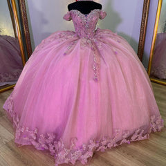 Misshow Off-Shoulder Ball Gown with 3D Floral Lace Appliques Pink Tulle Quinceanera Dress for Sweet 16 & Princess Evening Parties