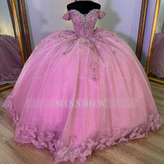 Misshow Off-Shoulder Ball Gown with 3D Floral Lace Appliques Pink Tulle Quinceanera Dress for Sweet 16 & Princess Evening Parties