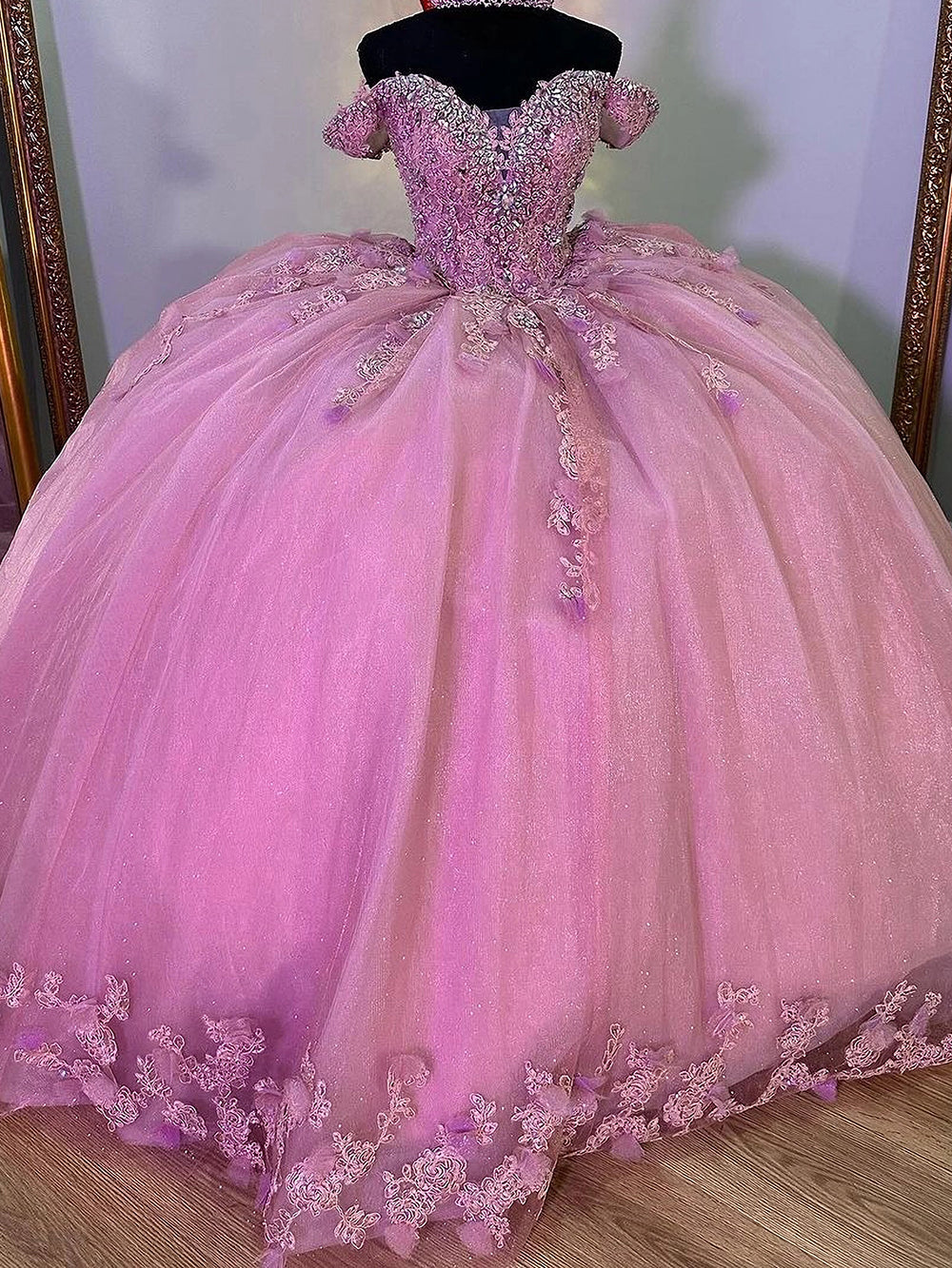 Misshow Off-Shoulder Ball Gown with 3D Floral Lace Appliques Pink Tulle Quinceanera Dress for Sweet 16 & Princess Evening Parties