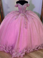 Misshow Off-Shoulder Ball Gown with 3D Floral Lace Appliques Pink Tulle Quinceanera Dress for Sweet 16 & Princess Evening Parties