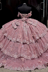 Misshow Off-Shoulder Ball Gown with Beaded Appliques 3D Floral Ruffles and Sparkly Pink Tulle for Quinceanera & Sweet 16 Celebrations