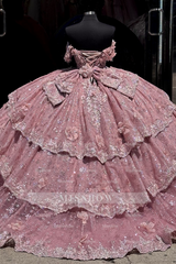 Misshow Off-Shoulder Ball Gown with Beaded Appliques 3D Floral Ruffles and Sparkly Pink Tulle for Quinceanera & Sweet 16 Celebrations