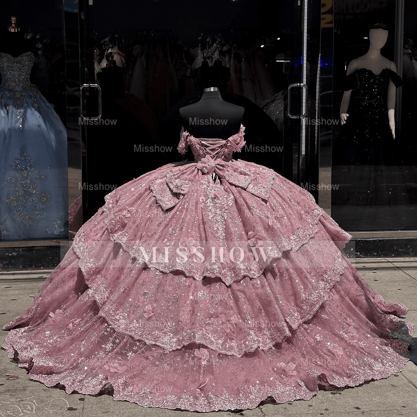 Misshow Off-Shoulder Ball Gown with Beaded Appliques 3D Floral Ruffles and Sparkly Pink Tulle for Quinceanera & Sweet 16 Celebrations