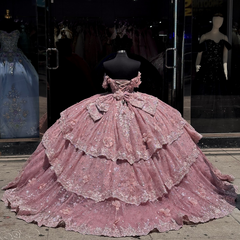 Misshow Off-Shoulder Ball Gown with Beaded Appliques 3D Floral Ruffles and Sparkly Pink Tulle for Quinceanera & Sweet 16 Celebrations