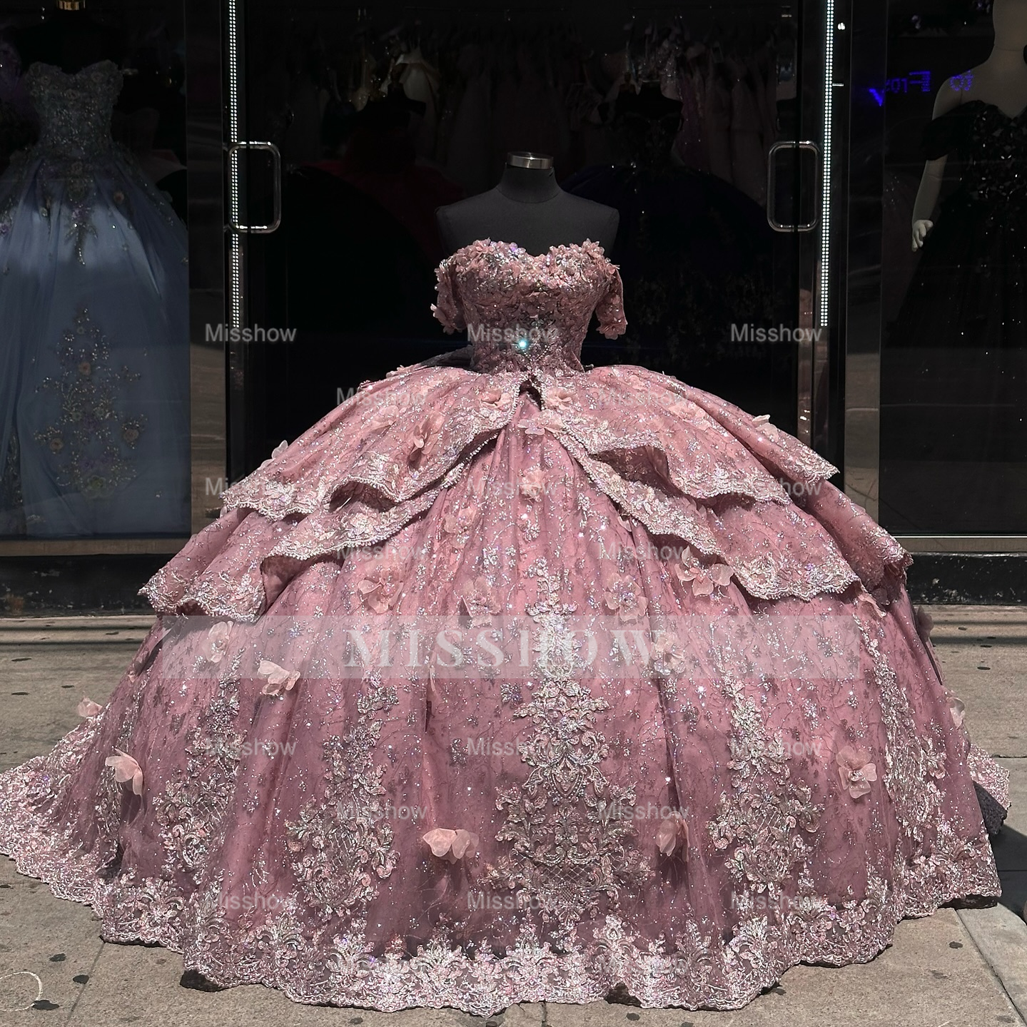 Misshow Off-Shoulder Ball Gown with Beaded Appliques 3D Floral Ruffles and Sparkly Pink Tulle for Quinceanera & Sweet 16 Celebrations
