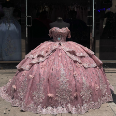 Misshow Off-Shoulder Ball Gown with Beaded Appliques 3D Floral Ruffles and Sparkly Pink Tulle for Quinceanera & Sweet 16 Celebrations