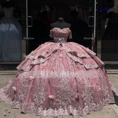 Misshow Off-Shoulder Ball Gown with Beaded Appliques 3D Floral Ruffles and Sparkly Pink Tulle for Quinceanera & Sweet 16 Celebrations