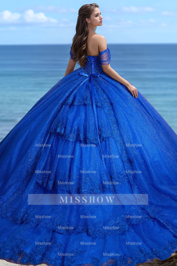 Misshow Off-Shoulder Ball Gown with Beaded Appliques Royal Tulle Quinceanera & Sweet 16 Party Dress