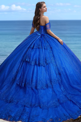 Misshow Off-Shoulder Ball Gown with Beaded Appliques Royal Tulle Quinceanera & Sweet 16 Party Dress