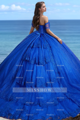 Misshow Off-Shoulder Ball Gown with Beaded Appliques Royal Tulle Quinceanera & Sweet 16 Party Dress