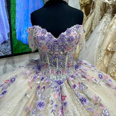 Misshow Off-Shoulder Ball Gown with Beaded Floral Lace Appliques Princess Quinceanera & Sweet 16 Birthday Party Dress
