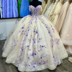 Misshow Off-Shoulder Ball Gown with Beaded Floral Lace Appliques Princess Quinceanera & Sweet 16 Birthday Party Dress
