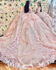 Misshow Off-Shoulder Ball Gown with Delicate Lace Appliques Pink Tulle Princess Dress for Quinceanera Sweet 16 & Birthday Parties