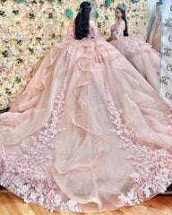 Misshow Off-Shoulder Ball Gown with Delicate Lace Appliques Pink Tulle Princess Dress for Quinceanera Sweet 16 & Birthday Parties