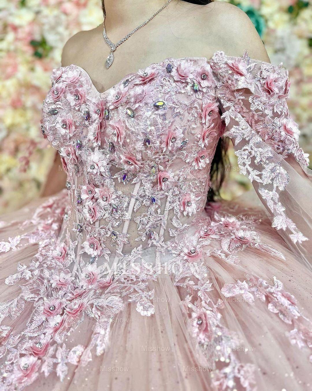 Misshow Off-Shoulder Ball Gown with Delicate Lace Appliques Pink Tulle Princess Dress for Quinceanera Sweet 16 & Birthday Parties