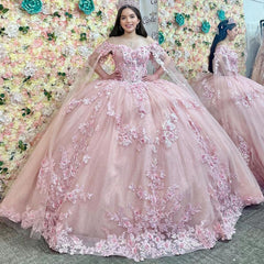 Misshow Off-Shoulder Ball Gown with Delicate Lace Appliques Pink Tulle Princess Dress for Quinceanera Sweet 16 & Birthday Parties