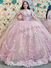Misshow Off-Shoulder Ball Gown with Delicate Lace Appliques Pink Tulle Princess Dress for Quinceanera Sweet 16 & Birthday Parties