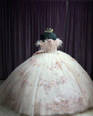 Misshow Off-Shoulder Ball Gown with Feather Accents Floral Lace Appliques and Beaded Bow Princess Quinceanera & Sweet 16 Party Dress