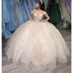 Misshow Off-Shoulder Ball Gown with Floral Applique & Beaded Tulle Princess Quinceanera & Sweet 16 Party Dress