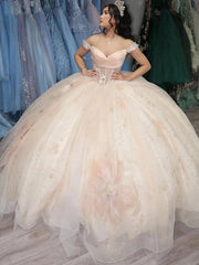 Misshow Off-Shoulder Ball Gown with Floral Applique & Beaded Tulle Princess Quinceanera & Sweet 16 Party Dress