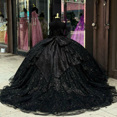 Misshow Off-Shoulder Ball Gown with Floral Appliques Beaded Bow & Tiered Tulle Skirt Perfect for Quinceanera or Sweet 16