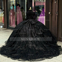 Misshow Off-Shoulder Ball Gown with Floral Appliques Beaded Bow & Tiered Tulle Skirt Perfect for Quinceanera or Sweet 16