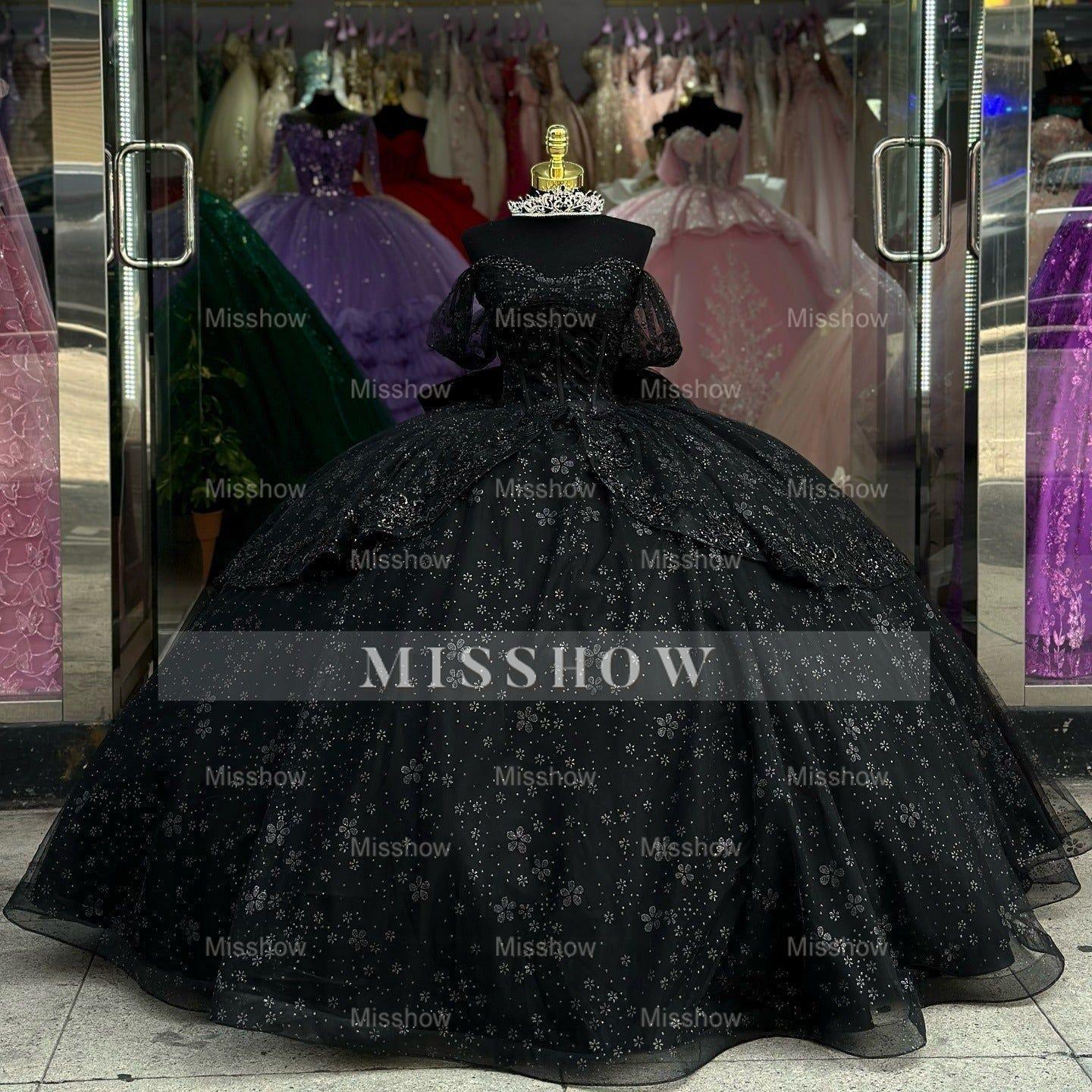 Misshow Off-Shoulder Ball Gown with Floral Appliques Beaded Bow & Tiered Tulle Skirt Perfect for Quinceanera or Sweet 16