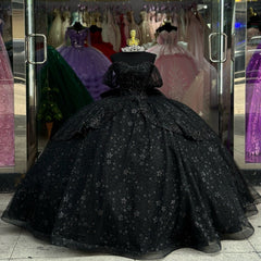 Misshow Off-Shoulder Ball Gown with Floral Appliques Beaded Bow & Tiered Tulle Skirt Perfect for Quinceanera or Sweet 16