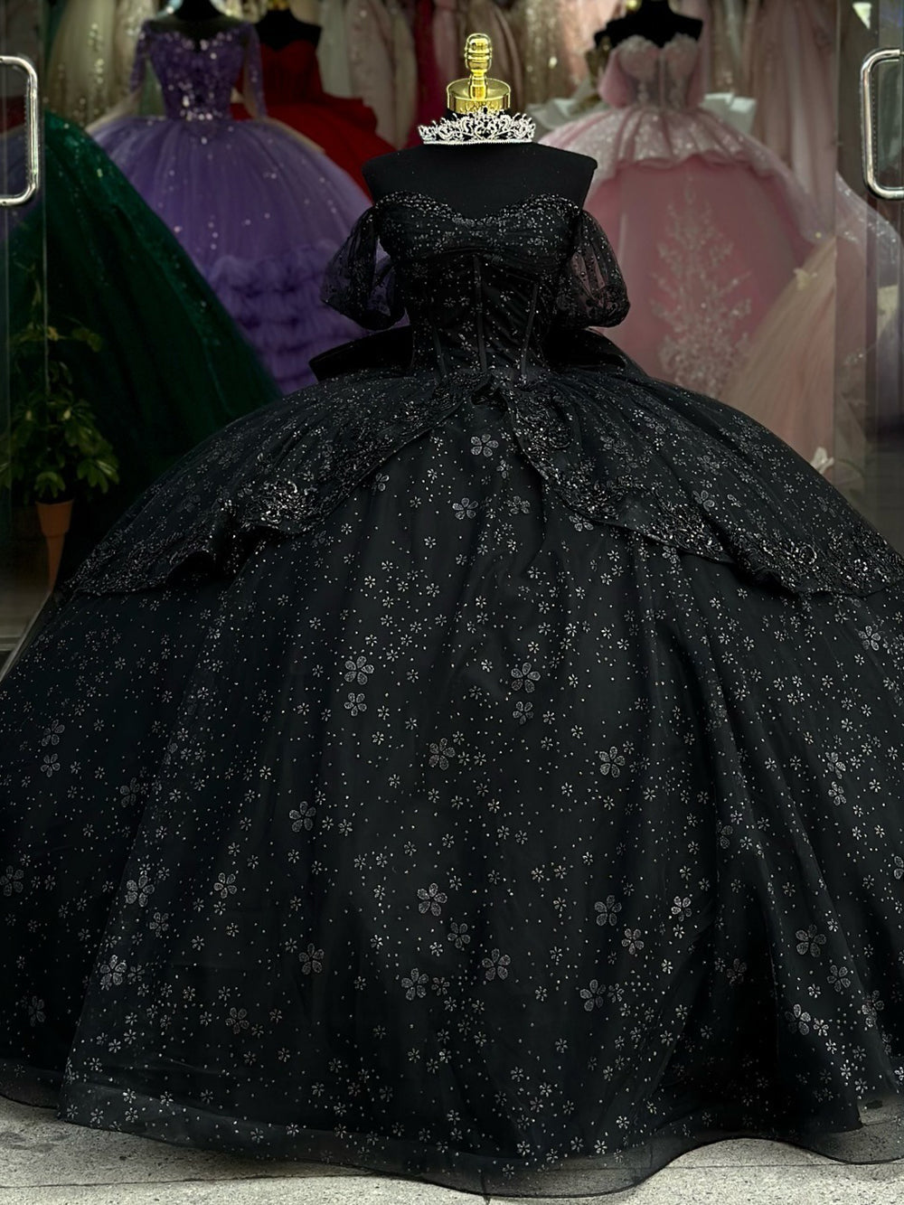 Misshow Off-Shoulder Ball Gown with Floral Appliques Beaded Bow & Tiered Tulle Skirt Perfect for Quinceanera or Sweet 16