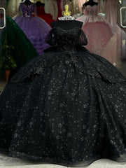 Misshow Off-Shoulder Ball Gown with Floral Appliques Beaded Bow & Tiered Tulle Skirt Perfect for Quinceanera or Sweet 16