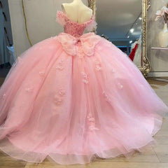 Misshow Off-Shoulder Ball Gown with Floral Lace Appliques Baby Pink Tulle Quinceanera Dress for Sweet 16 & Princess Birthday Parties