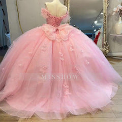 Misshow Off-Shoulder Ball Gown with Floral Lace Appliques Baby Pink Tulle Quinceanera Dress for Sweet 16 & Princess Birthday Parties