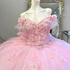 Misshow Off-Shoulder Ball Gown with Floral Lace Appliques Baby Pink Tulle Quinceanera Dress for Sweet 16 & Princess Birthday Parties