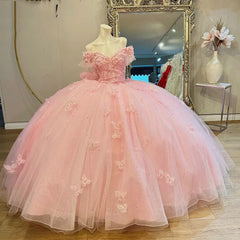 Misshow Off-Shoulder Ball Gown with Floral Lace Appliques Baby Pink Tulle Quinceanera Dress for Sweet 16 & Princess Birthday Parties