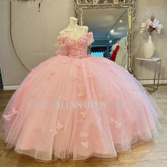 Misshow Off-Shoulder Ball Gown with Floral Lace Appliques Baby Pink Tulle Quinceanera Dress for Sweet 16 & Princess Birthday Parties
