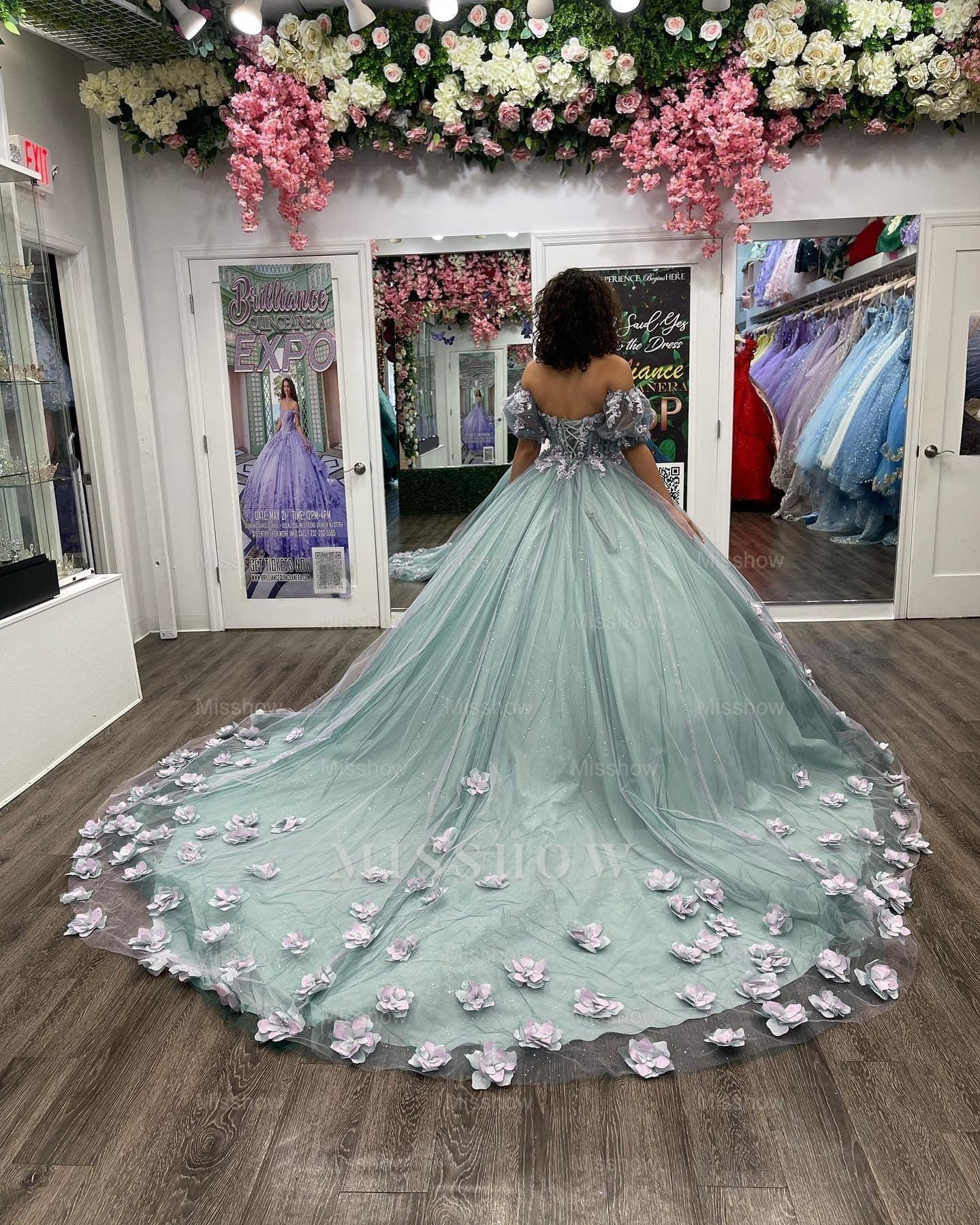 Misshow Off-Shoulder Ball Gown with Puff Sleeves 3D Floral Lace Appliques & Beaded Blue Tulle Perfect for Quinceanera & Sweet 16 Formal Events