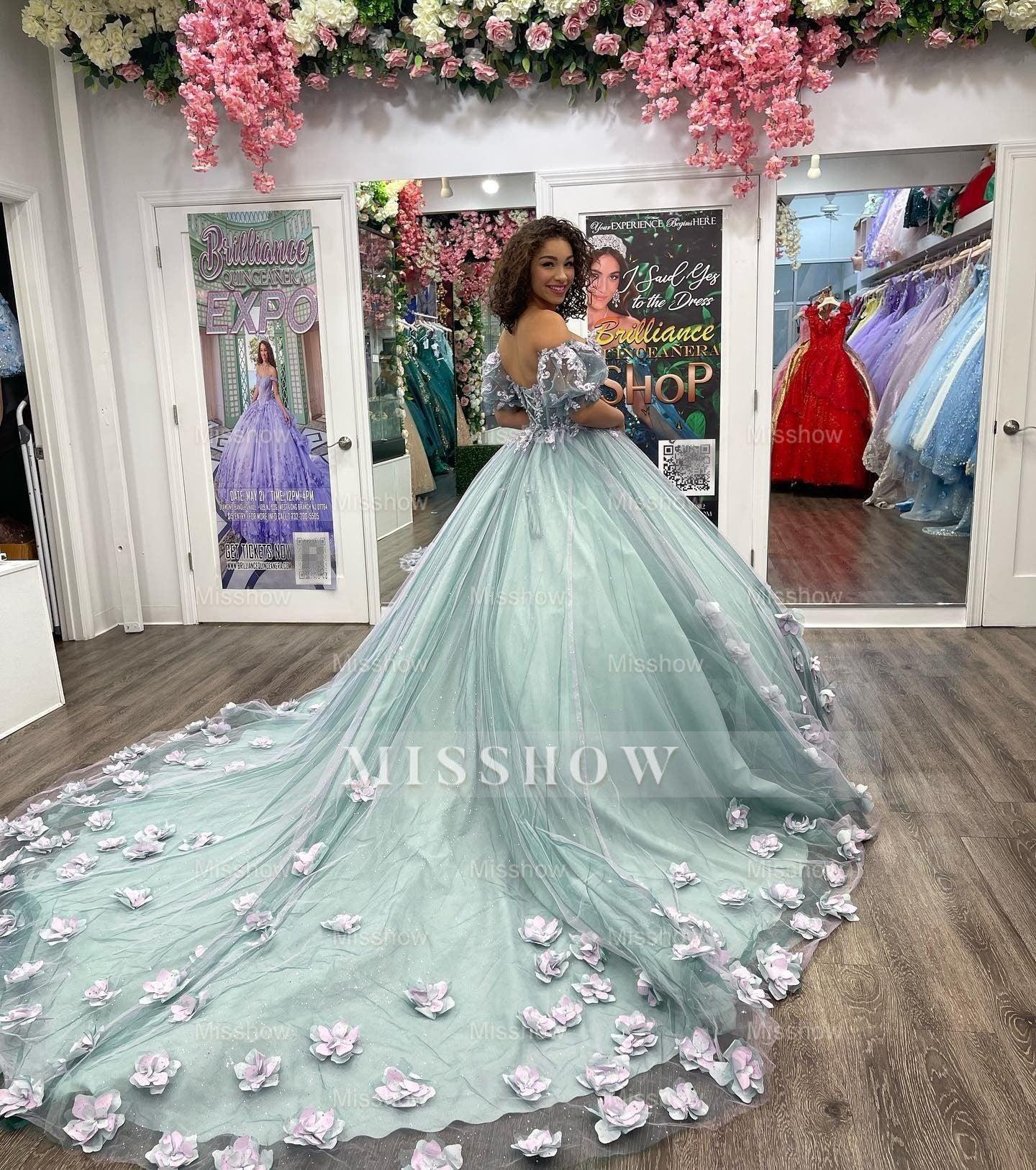 Misshow Off-Shoulder Ball Gown with Puff Sleeves 3D Floral Lace Appliques & Beaded Blue Tulle Perfect for Quinceanera & Sweet 16 Formal Events