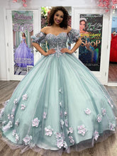 Misshow Off-Shoulder Ball Gown with Puff Sleeves 3D Floral Lace Appliques & Beaded Blue Tulle Perfect for Quinceanera & Sweet 16 Formal Events