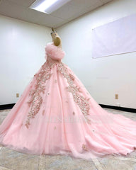 Misshow Off-Shoulder Ball Gown with Puff Sleeves Floral Appliques & Beaded Details Pink Tulle Quinceanera Dress for Sweet 16