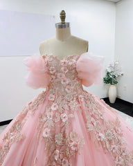 Misshow Off-Shoulder Ball Gown with Puff Sleeves Floral Appliques & Beaded Details Pink Tulle Quinceanera Dress for Sweet 16